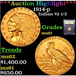***Auction Highlight*** 1914-p Gold Indian Quarter Eagle $2 1/2 Graded BU+ By USCG (fc)