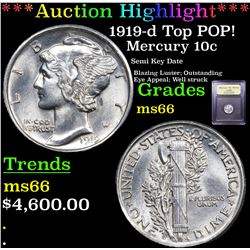 ***Auction Highlight*** 1919-d Top POP! Mercury Dime 10c Graded GEM+ Unc By USCG (fc)