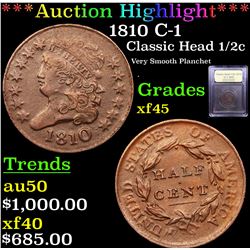 ***Auction Highlight*** 1810 C-1 Classic Head half cent 1/2c Graded xf+ BY USCG (fc)