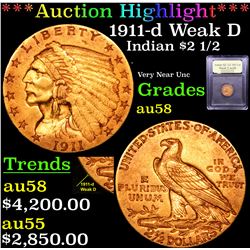 ***Auction Highlight*** 1911-d Weak D Gold Indian Quarter Eagle $2 1/2 Graded Choice AU/BU Slider BY