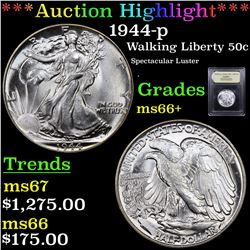***Auction Highlight*** 1944-p Walking Liberty Half Dollar 50c Graded GEM++ Unc By USCG (fc)