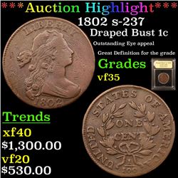***Auction Highlight*** 1802 S237 R2 Draped Bust Large Cent 1c Graded vf++ By USCG (fc)