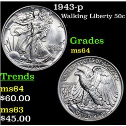 1943-p Walking Liberty Half Dollar 50c Grades Choice Unc