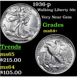 1936-p Walking Liberty Half Dollar 50c Grades Choice+ Unc