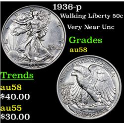 1936-p Walking Liberty Half Dollar 50c Grades Choice AU/BU Slider