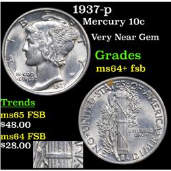 1937-p Mercury Dime 10c Grades Choice Unc+ FSB