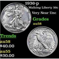 1936-p Walking Liberty Half Dollar 50c Grades Choice AU/BU Slider