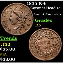 1835 N-6 Coronet Head Large Cent 1c Grades f+