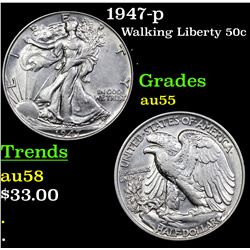 1947-p Walking Liberty Half Dollar 50c Grades Choice AU