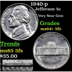 1940-p Jefferson Nickel 5c Grades Choice Unc+ 5fs