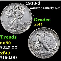 1938-d Walking Liberty Half Dollar 50c Grades xf+