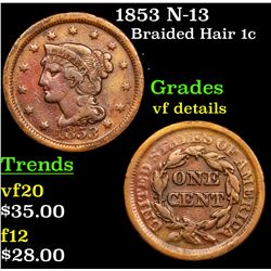 1853 N-13 Braided Hair Large Cent 1c Grades vf details
