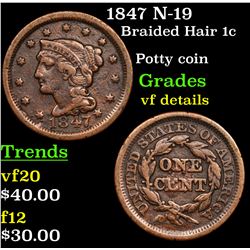 1847 N-19 Braided Hair Large Cent 1c Grades vf details