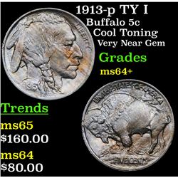 1913-p TY I Buffalo Nickel 5c Grades Choice+ Unc