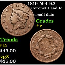 1819 N-4 R3 Coronet Head Large Cent 1c Grades f, fine