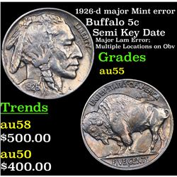 1926-d major Mint error Buffalo Nickel 5c Grades Choice AU