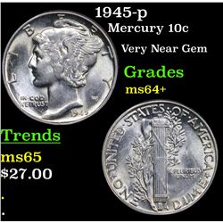 1945-p Mercury Dime 10c Grades Choice+ Unc