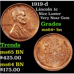 1919-d Lincoln Cent 1c Grades Choice+ Unc BN
