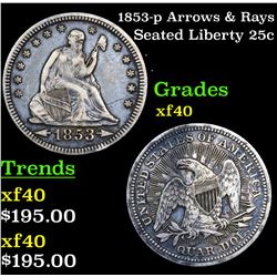 1853-p Arrows & Rays Seated Liberty Quarter 25c Grades xf