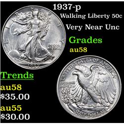 1937-p Walking Liberty Half Dollar 50c Grades Choice AU/BU Slider