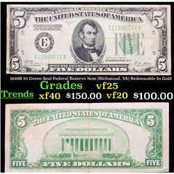 1928B $5 Green Seal Federal Reserve Note (Richmond, VA) Redeemable In Gold vf+