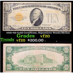 1928 $10 Gold Certificate, Signatures Woods/Mellon vf, very fine