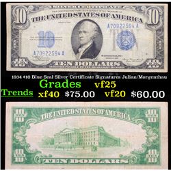 1934 $10 Blue Seal Silver Certificate Signatures Julian/Morgenthau vf+