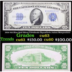 1934 $10 Blue Seal Silver Certificate Signatures Julian/Morgenthau Select CU