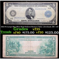 1914 $5 Large Size Blue Seal Federal Reserve Note, Cleveland, OH  4-D vf++