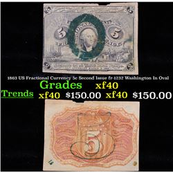 1863 US Fractional Currency 5c Second Issue fr-1232 Washington In Oval xf