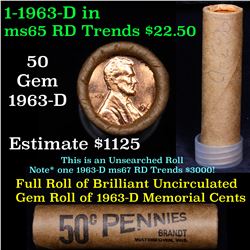 Uncirculated shotgun Lincoln 1c roll, 1963-d  50 pcs Brandt Wrapper