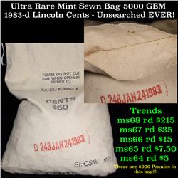 ***Auction Highlight*** Ultra Rare Mint Sewn Bag 5000 GEM 1983-d Lincoln Cents - Unsearched EVER! (f