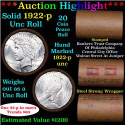 ***Auction Highlight*** 1922-p Uncirculated Peace Dollar Shotgun Roll (fc)