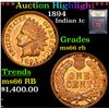 Image 1 : ***Auction Highlight*** 1894 Indian Cent 1c Graded GEM+ Unc RB By USCG (fc)