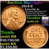 Image 1 : ***Auction Highlight*** 1914-d Lincoln Cent 1c Graded GEM Unc RB BY USCG (fc)