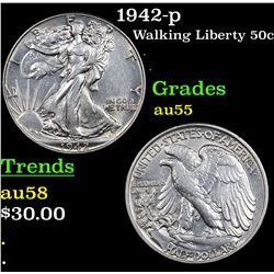 1942-p Walking Liberty Half Dollar 50c Grades Choice AU