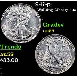 1947-p Walking Liberty Half Dollar 50c Grades Choice AU