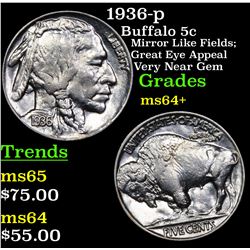 1936-p Buffalo Nickel 5c Grades Choice+ Unc