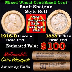 Mixed small cents 1c orig shotgun roll, 1916-d Wheat Cent, 1888 Indian Cent other end, McDonalds Wra