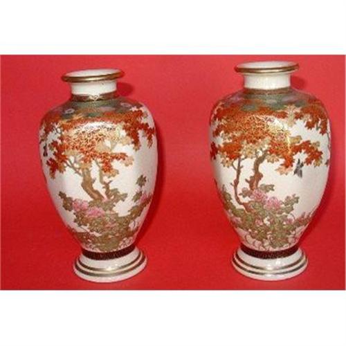 Japanese Satsuma Vases Maple Leaves Birds 1242445