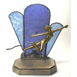 Brass Art Deco Lady & Blue Glass Table Lamp #1240075
