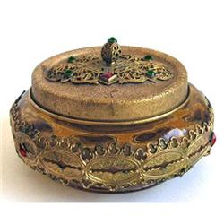 Jeweled Amber Glass 24kt Gold Plate Vanity Jar #1240182