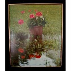 Photograph Geraniums Reflected Puddle Framed #1240548