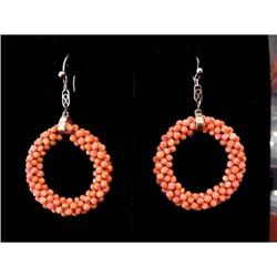 Art Deco 9K Gold Coral Hoop Earrings #1264009