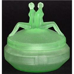 TWINS Green Satin Glass Art Deco Powder Jar #1264218