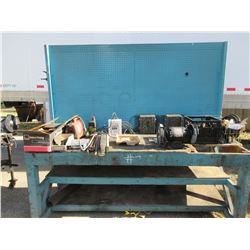 WOOD COUNTER C/W BENCH GRINDER, TRUCK STOPS, IRON, MISC STEEL, ETC