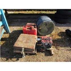 PALLET WITH FAN, BATTERY CHARGER, JERRY CANS, WOOD BLOCKS, ETC