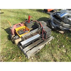 PALLET C/W GERRY CAN, GREASER, BUMPER STOPS, MISC STEEL, JACKS, ETC