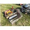Image 1 : PALLET C/W GERRY CAN, GREASER, BUMPER STOPS, MISC STEEL, JACKS, ETC