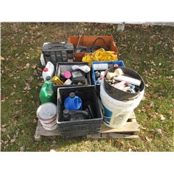 PALLET C/W PAINTS, TORCH, CABINET, OILS, ETC